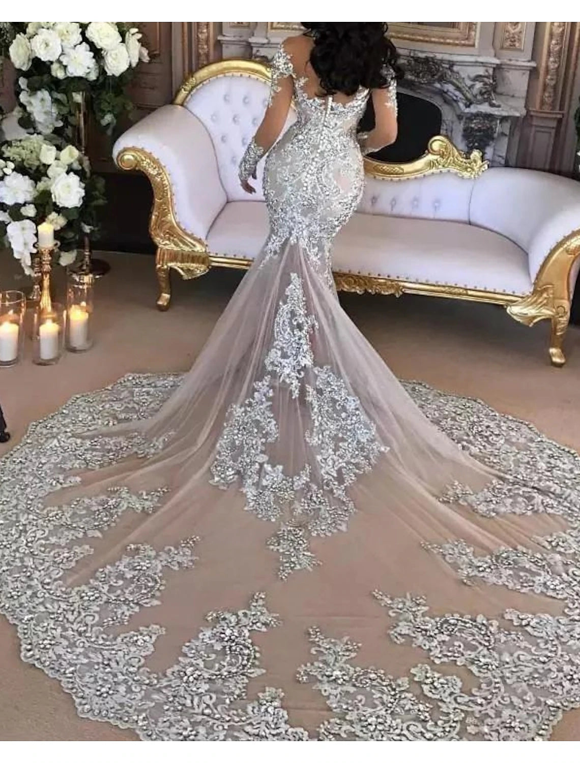 Sparkle & Shine Formal Fall Wedding Dresses Mermaid / Trumpet High Neck Long Sleeve Chapel Train Lace Bridal Gowns With Lace Insert Appliques Summer Wedding Party, Women‘s Clothing