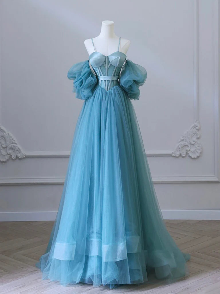 A-Line Sweetheart Neck Tulle Blue Long Prom Dress
