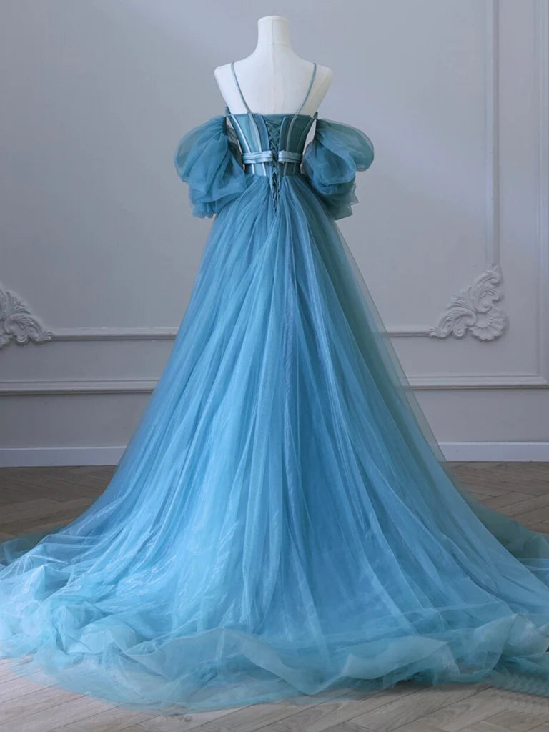 A-Line Sweetheart Neck Tulle Blue Long Prom Dress