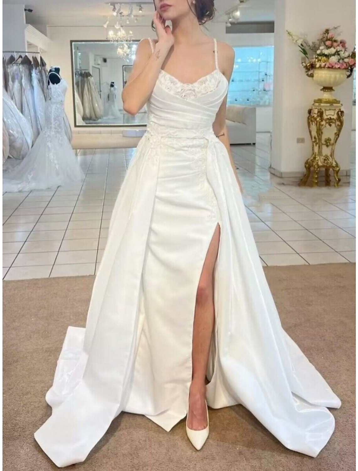 Formal Wedding Dresses Two Piece Camisole Sleeveless Court Train Satin Bridal Gowns With Ruched Split Front