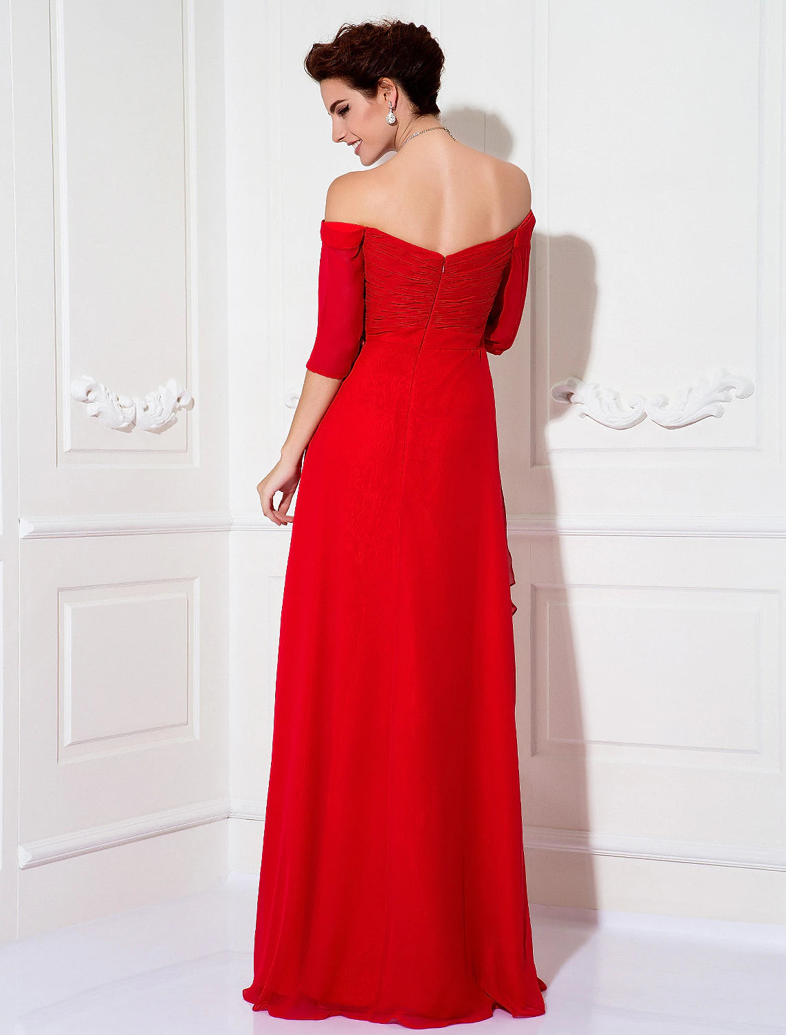 Sheath / Column Minimalist Dress Wedding Guest Sweep / Brush Train Half Sleeve Off Shoulder Chiffon with Ruched Draping