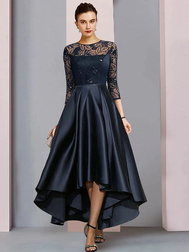 Dingji A-Line Mother of the Bride Dress Wedding Guest Vintage Party Jewel Neck Asymmetrical Satin Lace Sequined Half Sleeve with Pleats