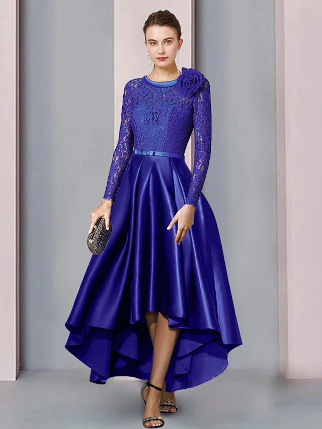 DingjiA-Line Mother of the Bride Dress Formal Church Elegant High Low Scoop Neck Tea Length Satin Lace Long Sleeve with Sash / Ribbon Bow(s) Flower