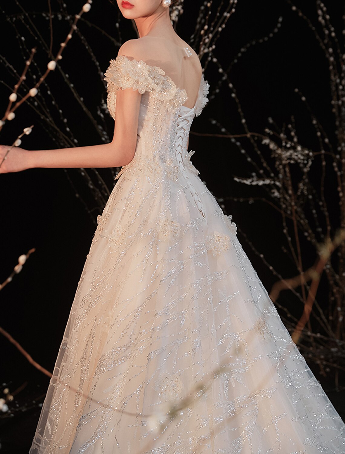 Engagement Formal Fall Wedding Dresses A-Line Off Shoulder Cap Sleeve Gowns With Pleats Appliques Summer Wedding Party, WomCourt Train Sequined Bridal en‘s Clothing