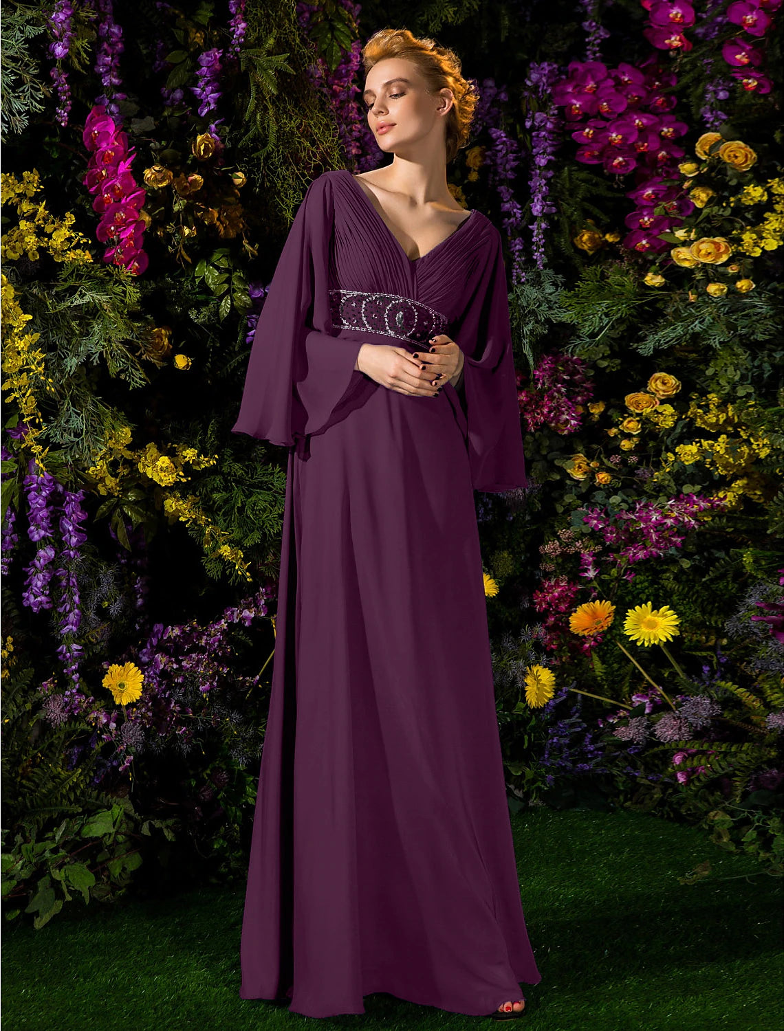 A-Line Mother of the Bride Dress Vintage Inspired V Neck Floor Length Chiffon Long Sleeve with Crystals Beading Side Draping