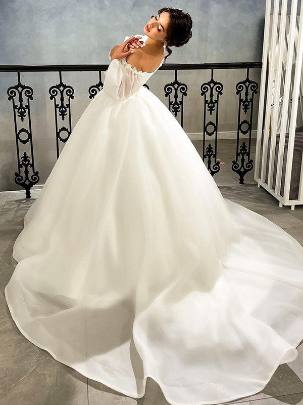 Ball Gown Organza Ruched Sweetheart 3/4 Sleeves Court Train Wedding Dresses