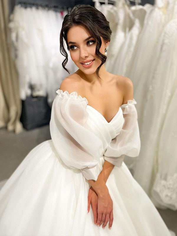 Ball Gown Organza Ruched Sweetheart 3/4 Sleeves Court Train Wedding Dresses