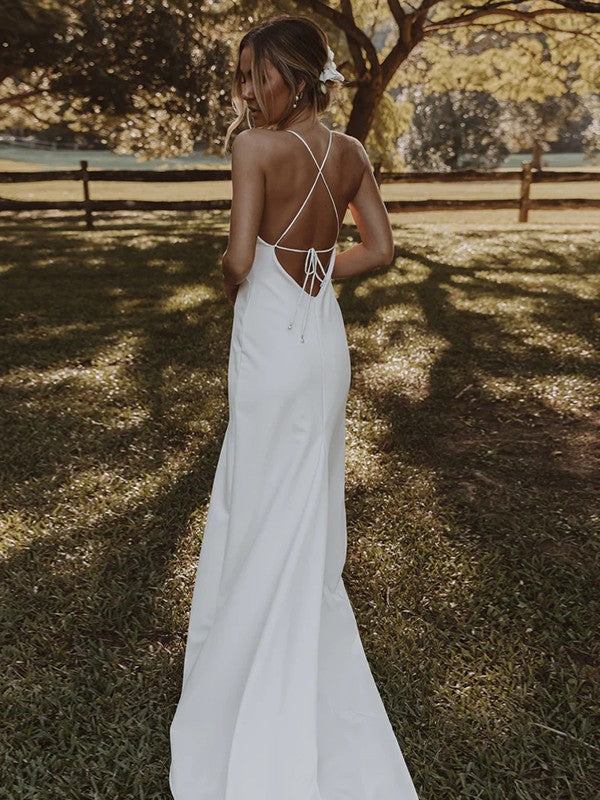 Sheath/Column Charmeuse Ruffles V-neck Sleeveless Sweep/Brush Train Wedding Dresses