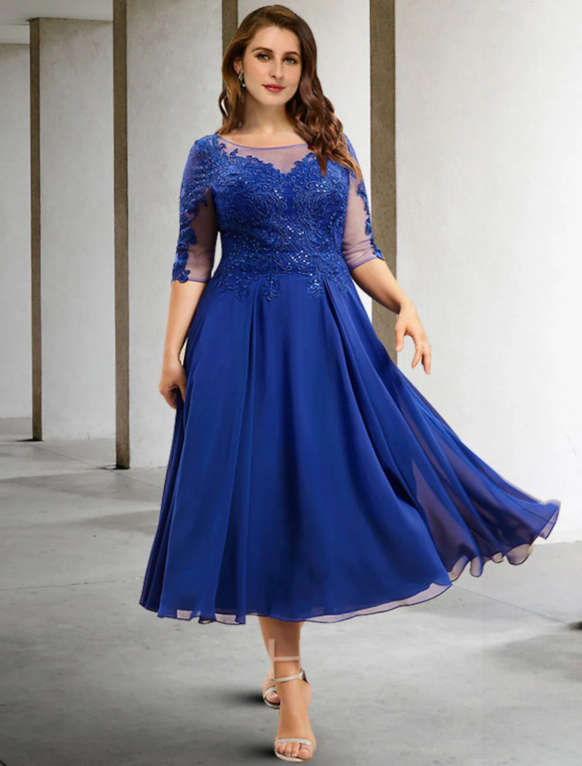 DingjiA-Line Mother of the Bride Dresses Plus Size Hide Belly Curve Elegant Dress Formal Tea Length Half Sleeve Jewel Neck Chiffon with Pleats Sequin Appliques Fall