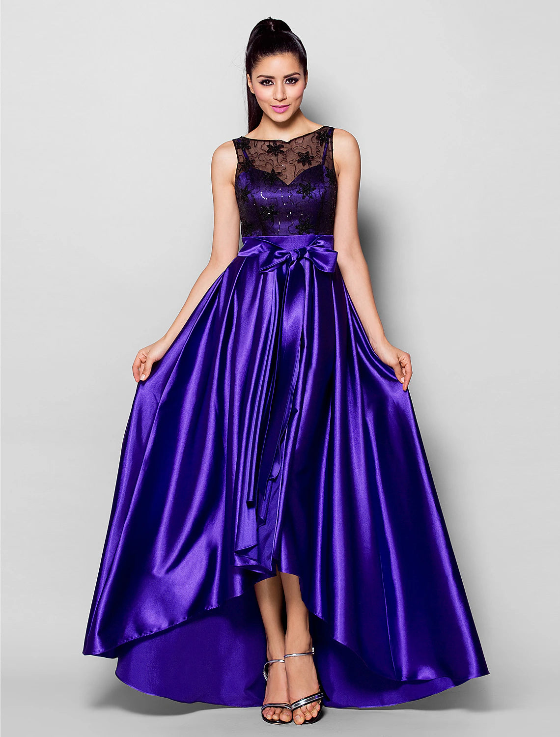 A-Line Open Back See Through Formal Evening Dress Illusion Neck Sleeveless Asymmetrical Stretch Satin with Lace Sash / Ribbon Bow(s)