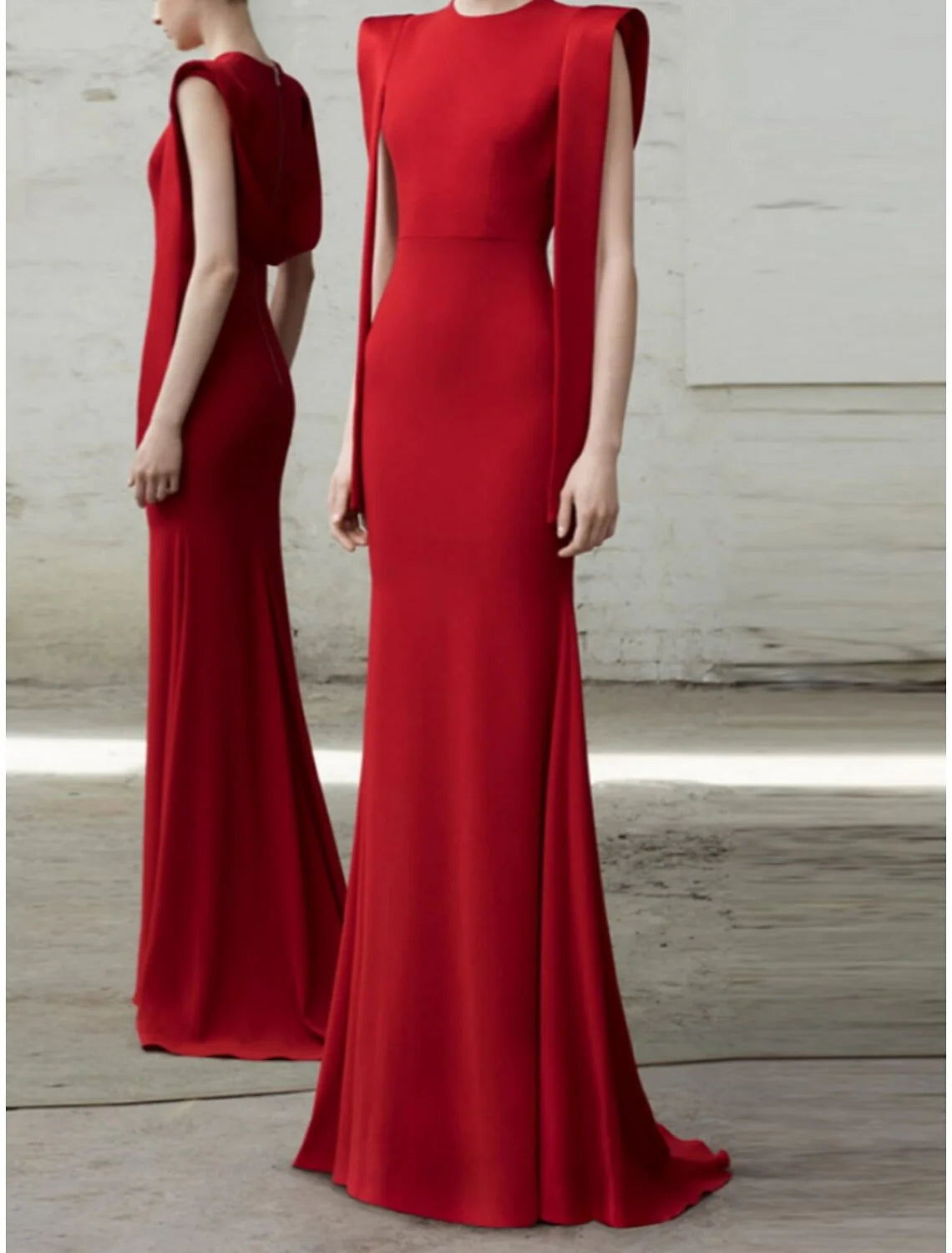 DingjiMermaid / Trumpet Evening Gown Elegant Christmas Red Green Dress Dress Formal Sweep / Brush Train Sleeveless Jewel Neck Stretch Fabric with Pleats