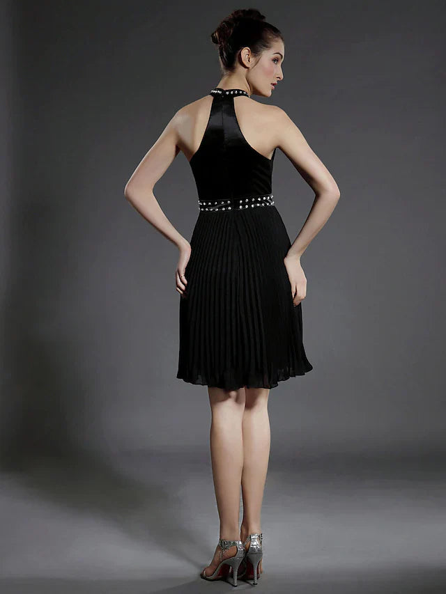 DingjiBall Gown Little Black Dress Dress Holiday Knee Length Sleeveless High Neck Chiffon with Pleats Beading