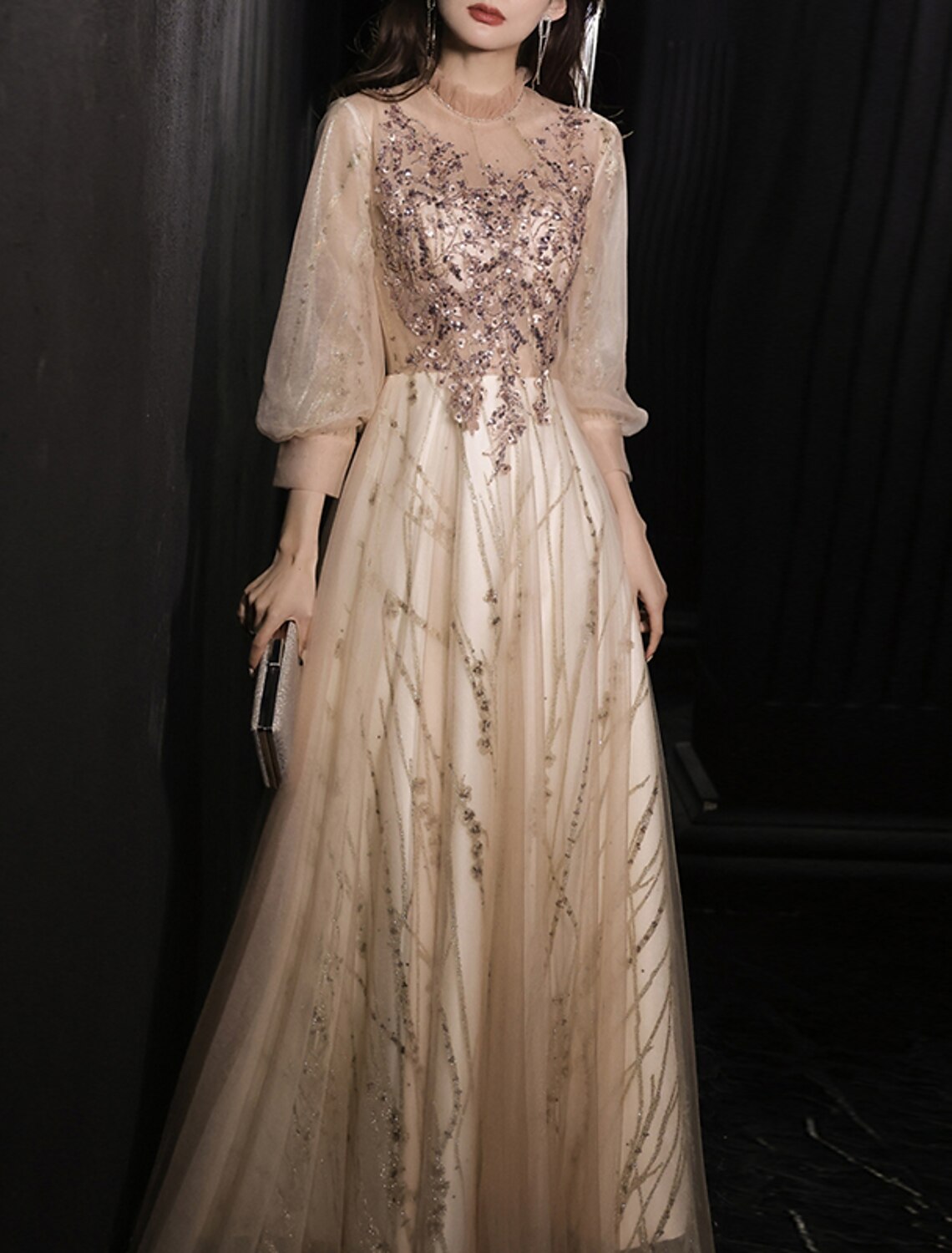 A-Line Prom Dresses Glittering Dress Wedding Guest Prom Floor Length Long Sleeve High Neck Tulle with Beading Appliques