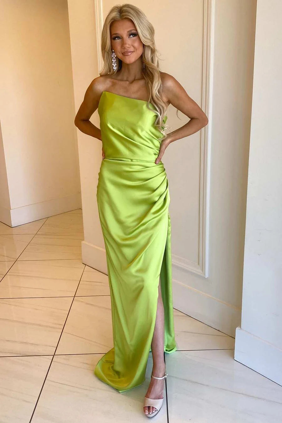 Strapless Ruched Long Formal Dress with Slit