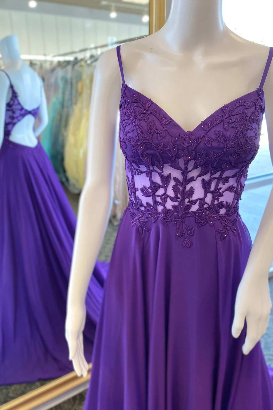 Floral Lace Cutout Back A-Line Prom Dress