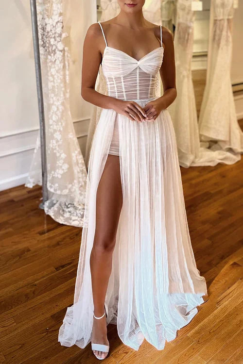 Straps Pleats High Split Bohemian Wedding Dress