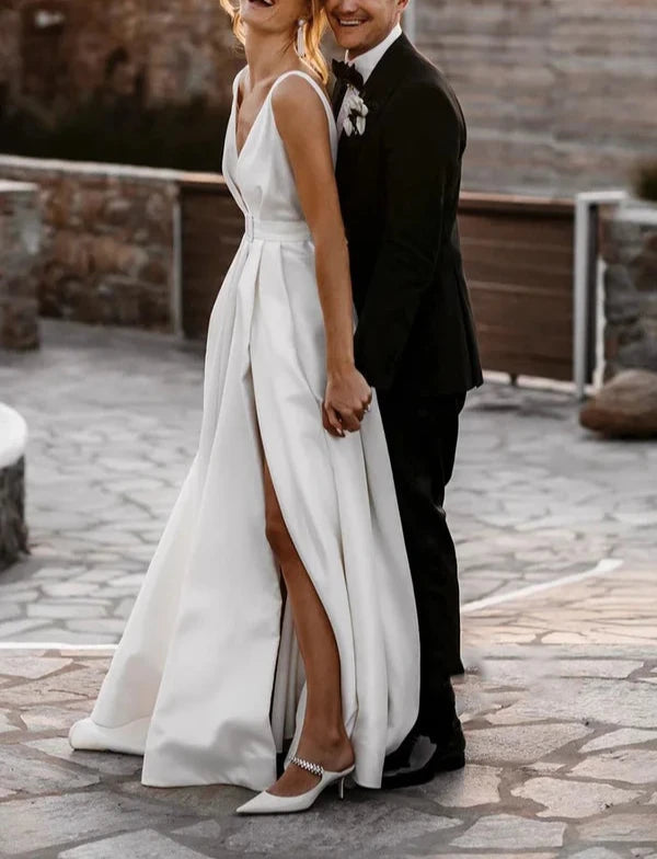 Deep V-Neck White Satin Bohemian Wedding Dress