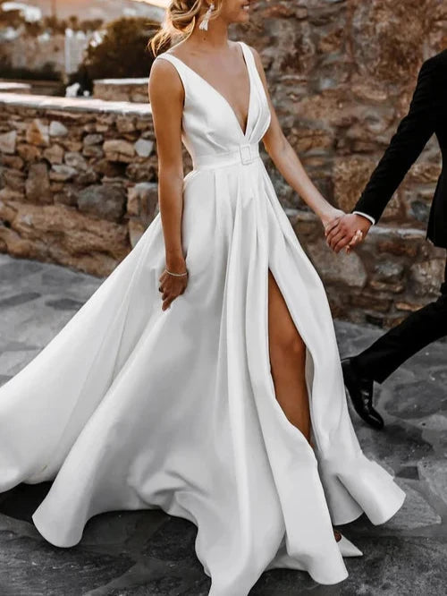 Deep V-Neck White Satin Bohemian Wedding Dress