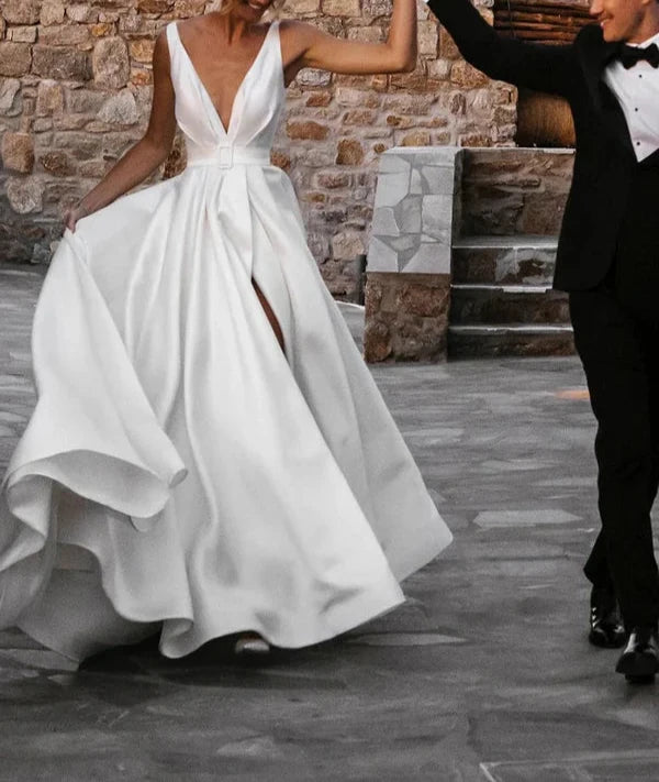 Deep V-Neck White Satin Bohemian Wedding Dress