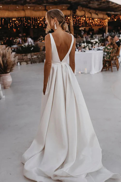 Deep V-Neck White Satin Bohemian Wedding Dress