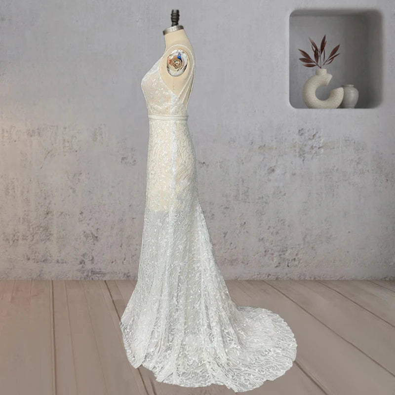 Mermaid Lace Deep V Wedding Dress with Appliques