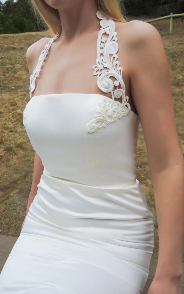 Neck Mermaid Sleeveless Satin Simple White Wedding Dress