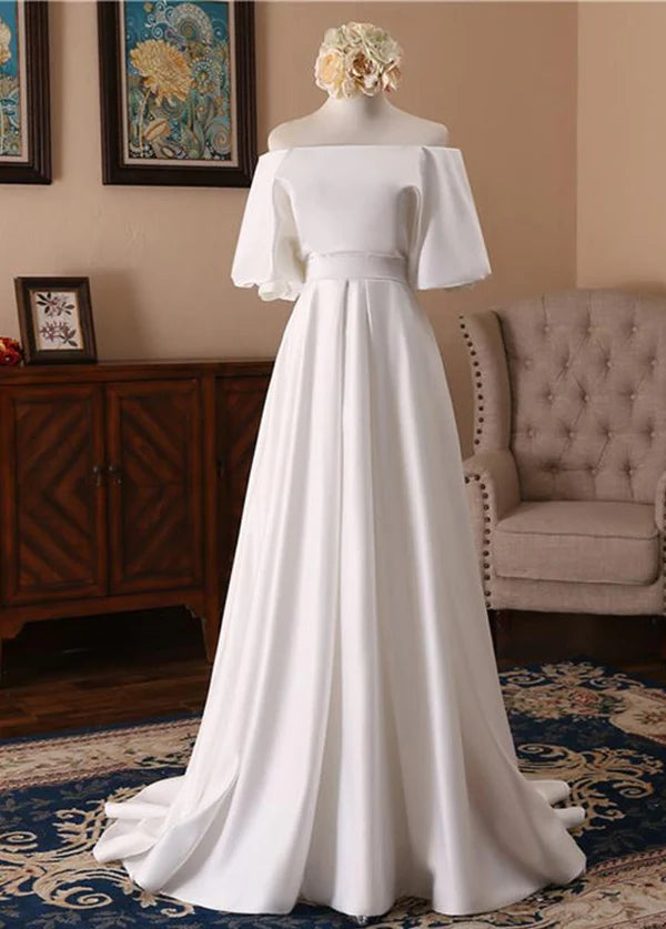 Off-the-Shoulder Simple White Satin Wedding Dress with