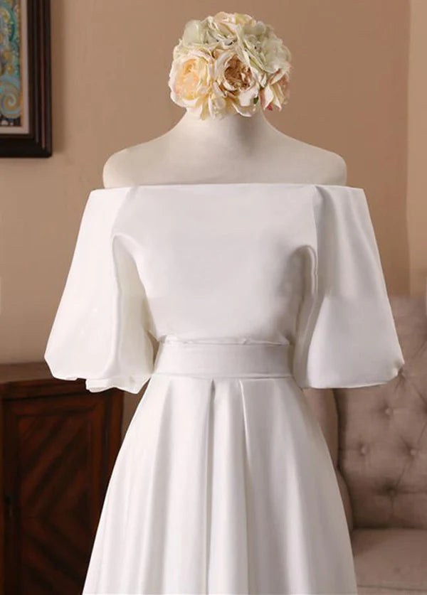 Off-the-Shoulder Simple White Satin Wedding Dress with