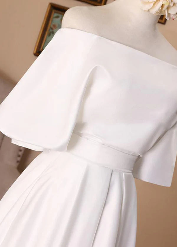 Off-the-Shoulder Simple White Satin Wedding Dress with