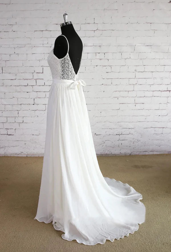 A-Line Chiffon Sleeveless Zipper Backless Wedding Dress with Lace