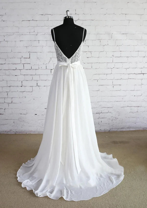 A-Line Chiffon Sleeveless Zipper Backless Wedding Dress with Lace