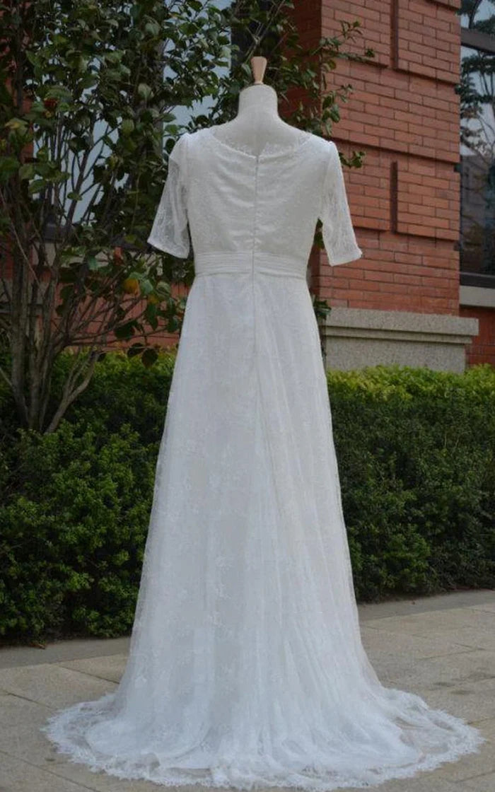 Half Illusion Sleeve A-Line Lace Appliques Pleated Wedding Dress