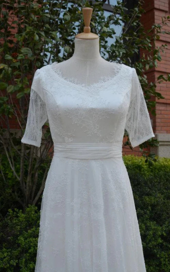 Half Illusion Sleeve A-Line Lace Appliques Pleated Wedding Dress