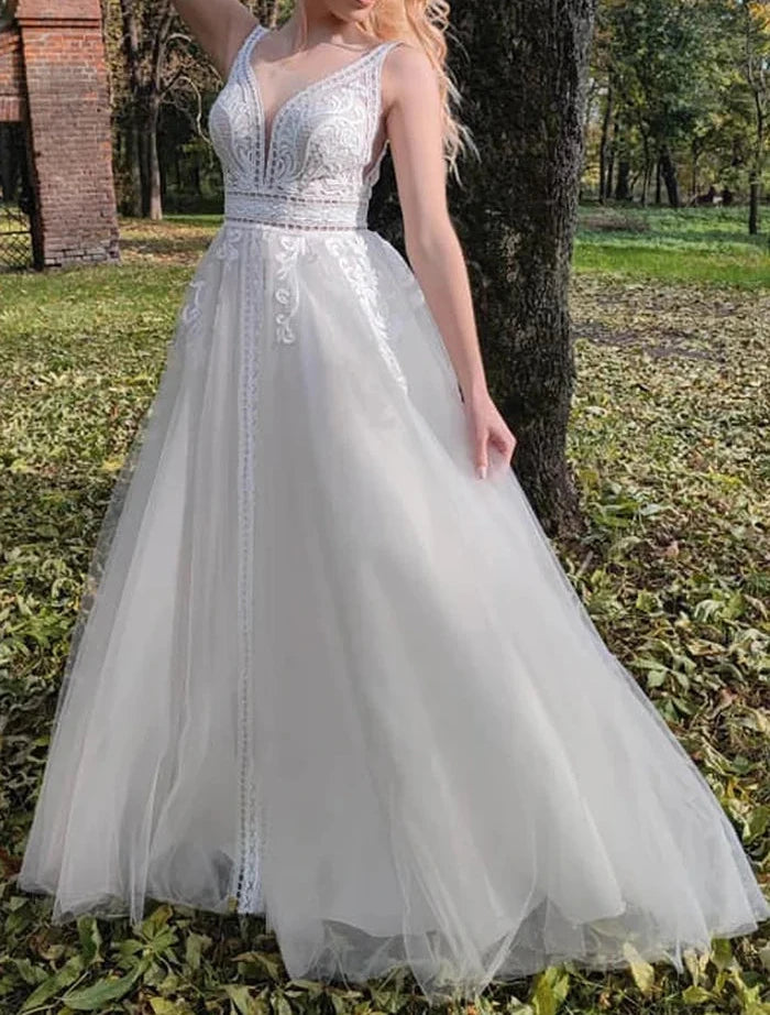 Sleeveless A-Line Lace Wedding Dress With V-neck And Low-V Back
