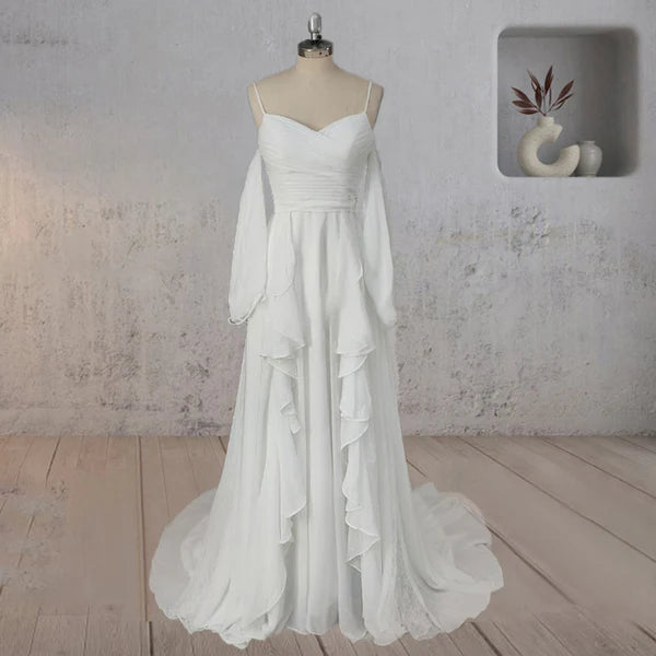 A-Line Chiffon Detachable Puffy Sleeves Wedding Dress