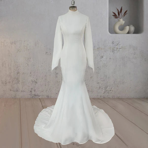White Open Back High Neck Wedding Dress