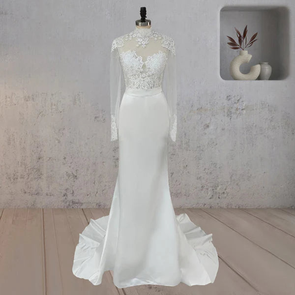 White Lace Covered Button Back Wedding Dress