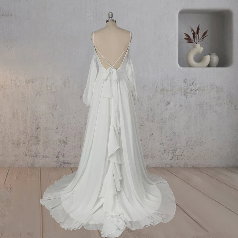 A-Line Chiffon Detachable Puffy Sleeves Wedding Dress