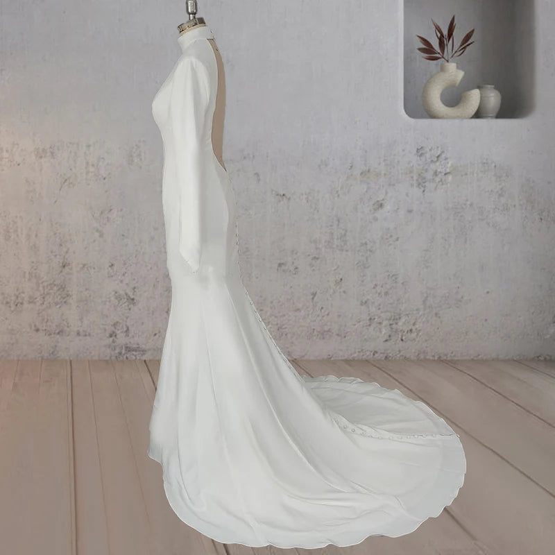 White Open Back High Neck Wedding Dress