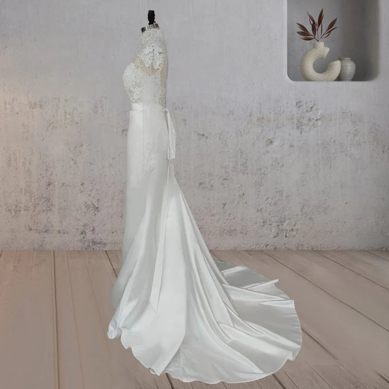 White Lace Covered Button Back Wedding Dress