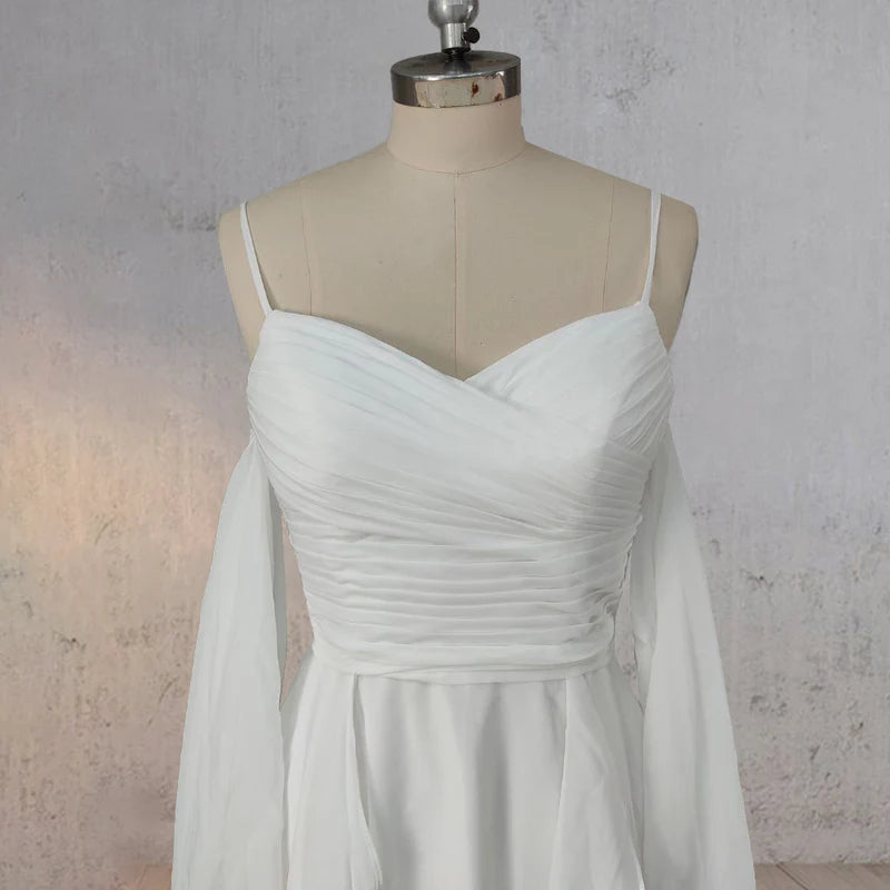 A-Line Chiffon Detachable Puffy Sleeves Wedding Dress