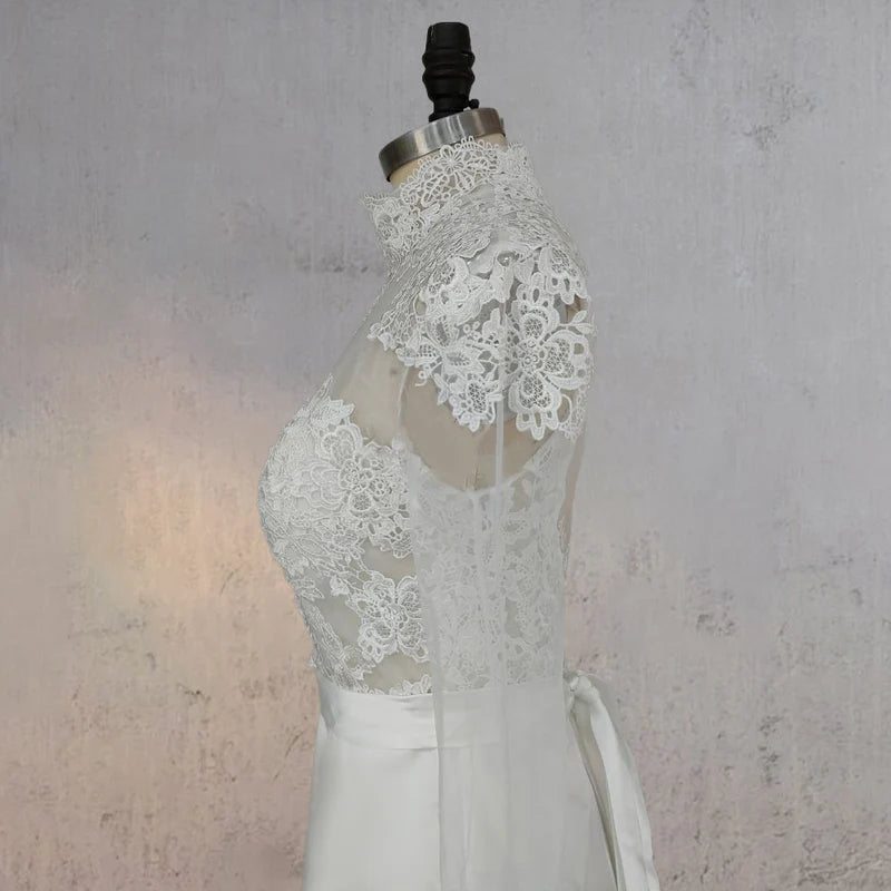 White Lace Covered Button Back Wedding Dress