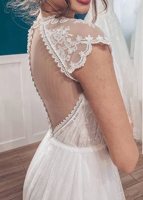 A-line Backyard Tulle Long Wedding Dresses with Cap Sleeves