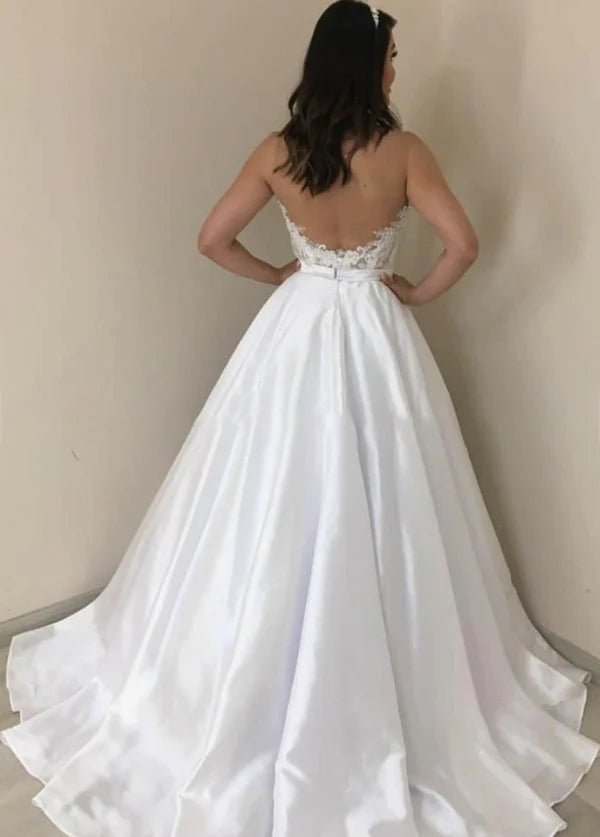 A-line Sleeveless Sweetheart Satin Bride Wedding Dresses with