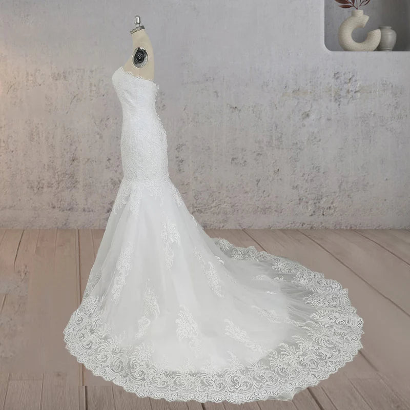 White Strapless Wedding Dresses with Appliques