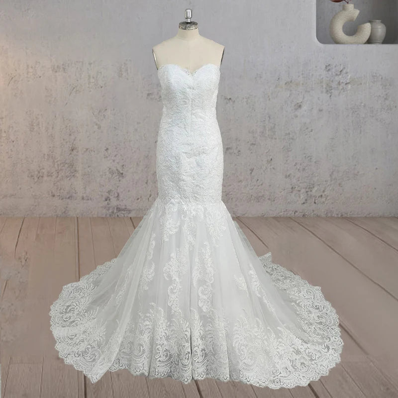 White Strapless Wedding Dresses with Appliques