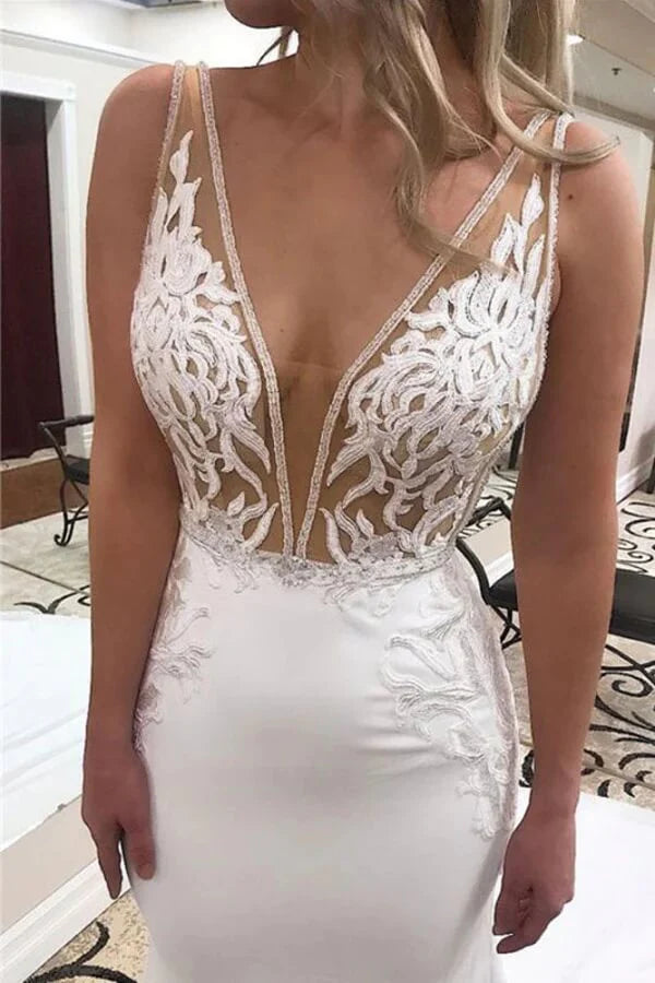 Mermaid Deep V-neck Wedding Dresses With Lace Appliques, Bridal Gown
