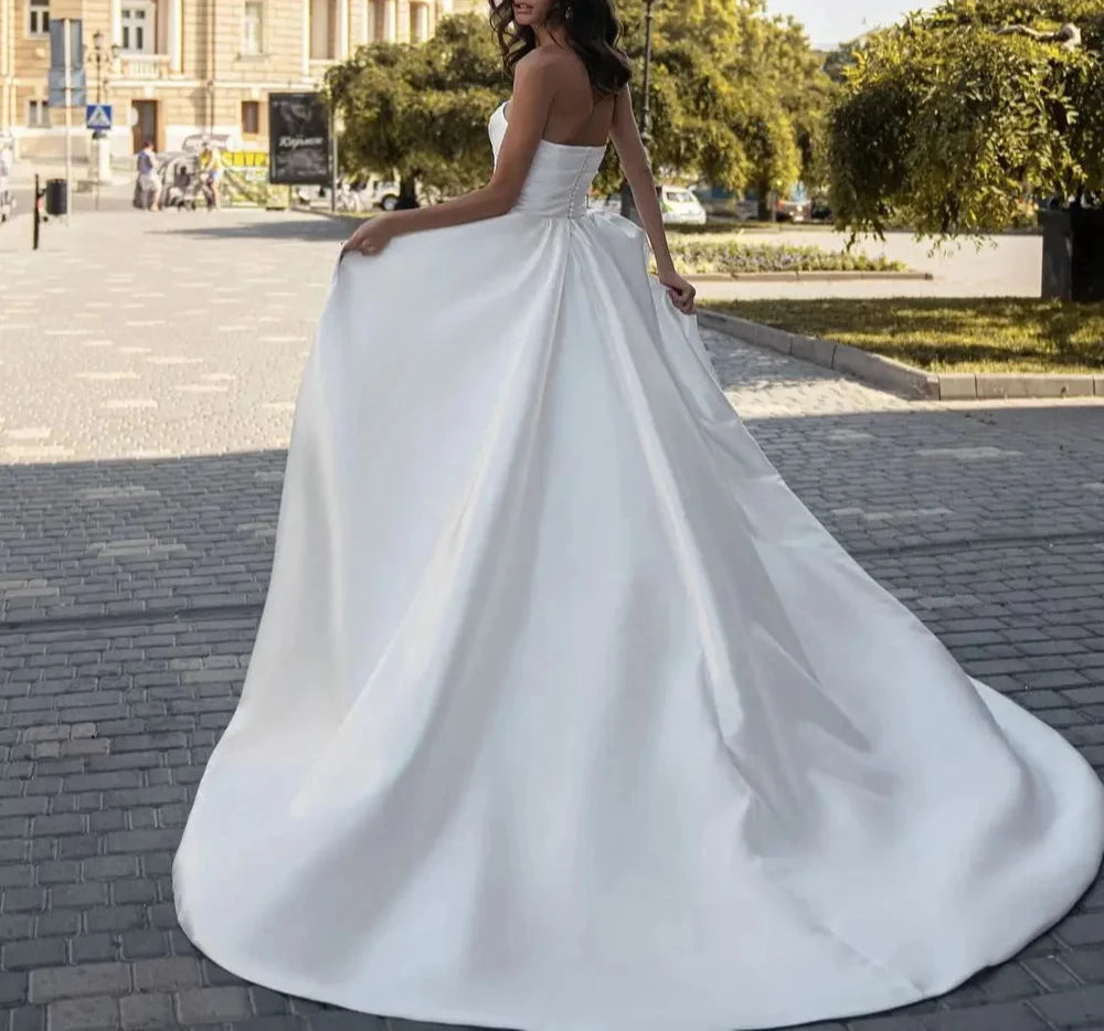 A-Line White Strapless Ruffled Wedding Dresses