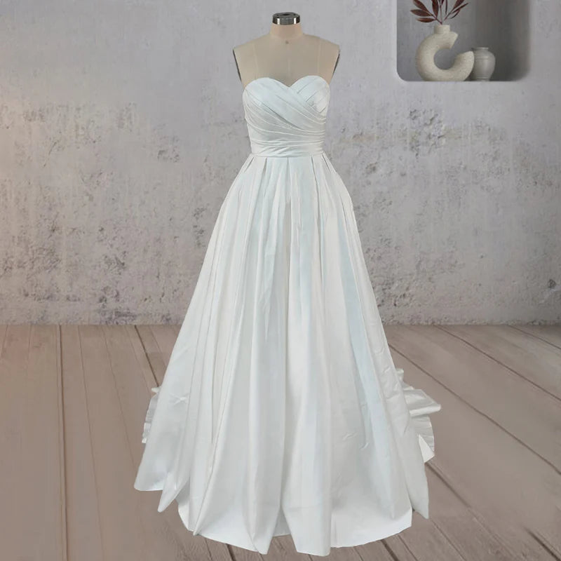 A-Line White Strapless Ruffled Wedding Dresses