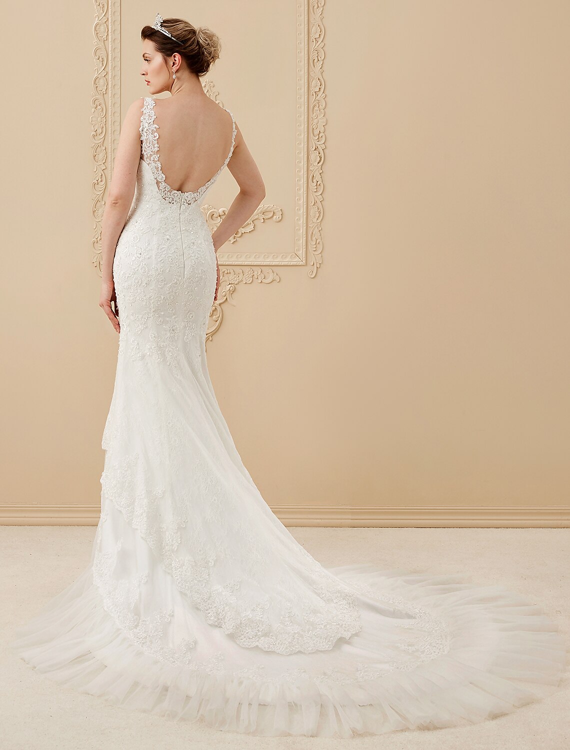 Hall Wedding Dresses Mermaid / Trumpet Scoop Neck Regular Straps Chapel Train Tulle Over Lace Bridal Gowns With Beading